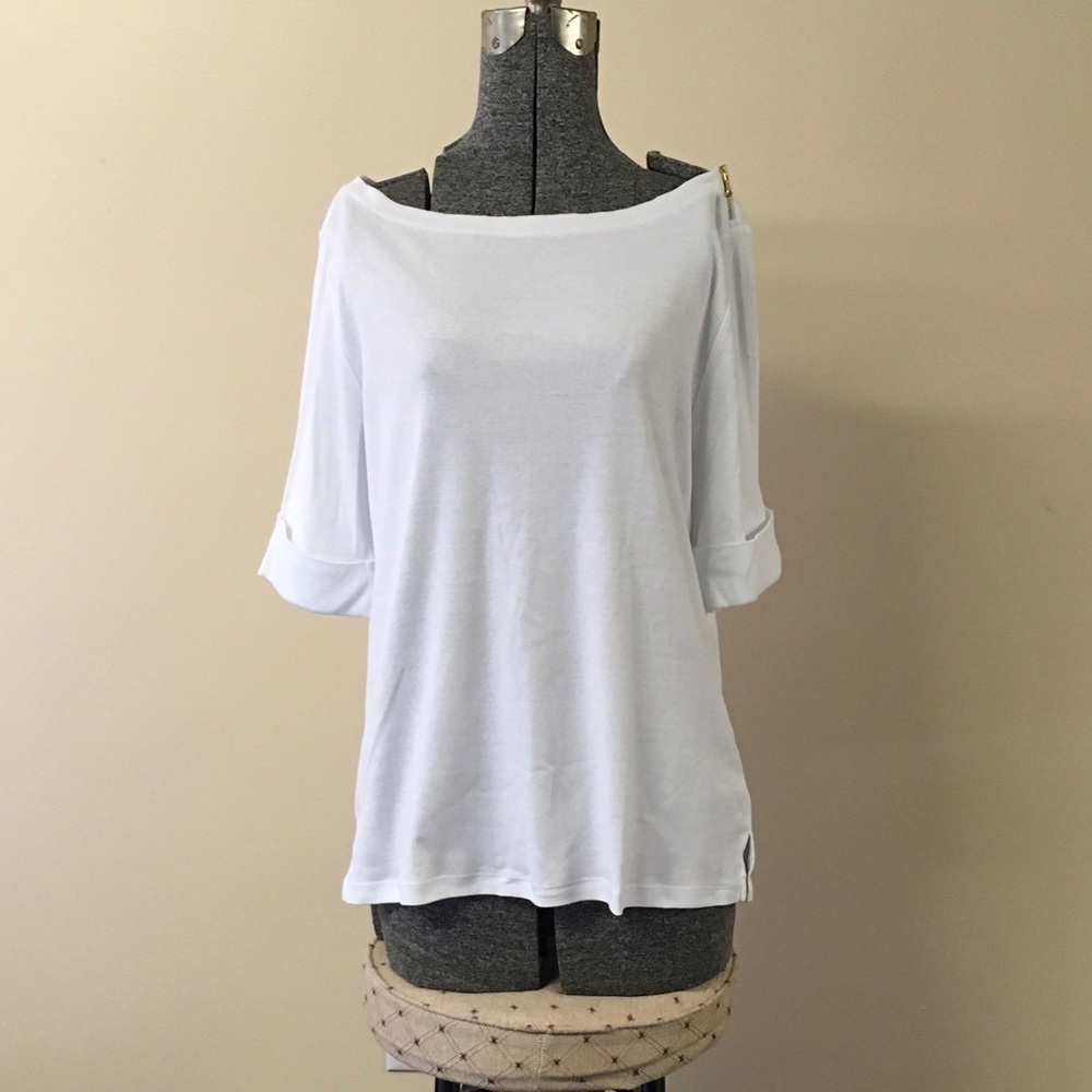 XL Lauren Ralph Lauren Cuffed Sleeve Top White & Gold
